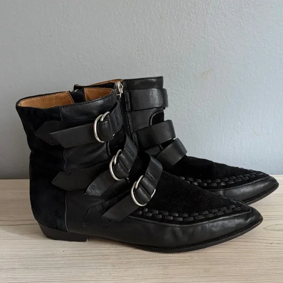 Isabel Marant Black Leather & Suede Buckle Ankle Boots - Picture 3 of 6